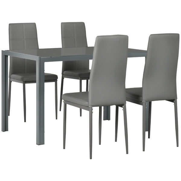 Rectangular Glass Kitchen Table and Chair Set with Metal Frame and Faux Leather Upholstery for Dining Room, Grey