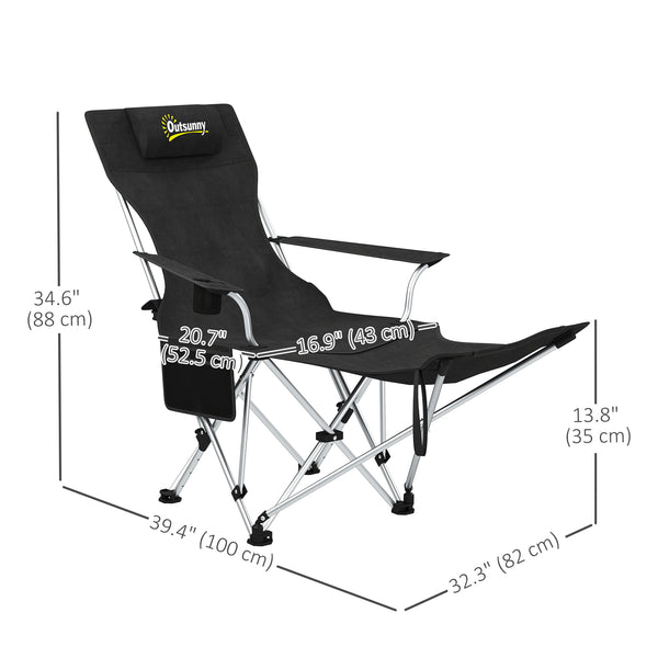 Set of 2 Reclining Camping Chairs with Footrest and Headrest, Cup Holder, Storage Bag, Black