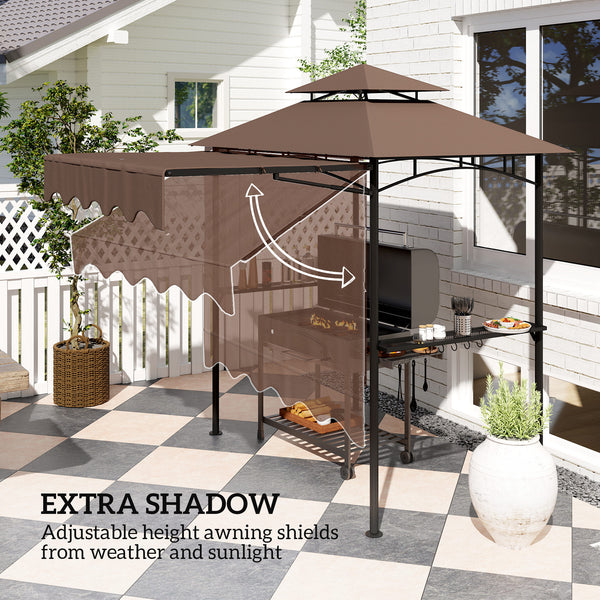 8' x 5' Grill Gazebo, Double Tiered Barbecue Grill Gazebo Shelter with Side Awning, 2 Side Shelves, 6 Hooks, Brown