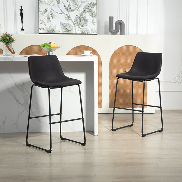 Set of 2 vintage style faux leather bar stools with footrest, dark brown.