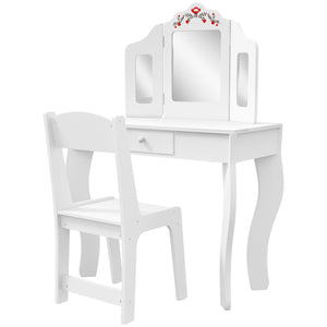 Dressing table with removable three-panel mirror and drawer, white