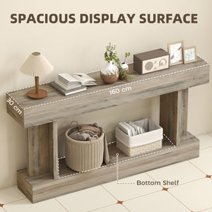 Narrow, vintage-style console table with storage shelf, light brown