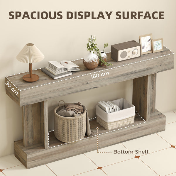 Narrow, vintage-style console table with storage shelf, light brown