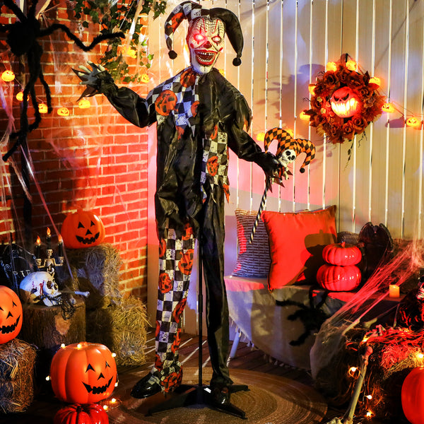 Life-size animated clown, glowing red eyes, sound-activated scary Halloween decorations