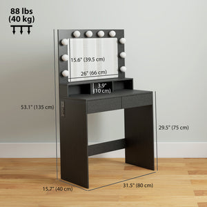 Dressing table with LED lighting mirror, charging station and drawers, black