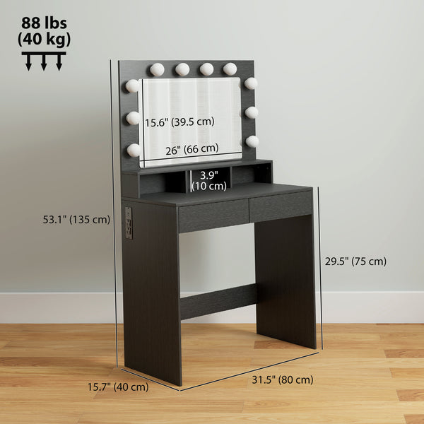 Dressing table with LED lighting mirror, charging station and drawers, black