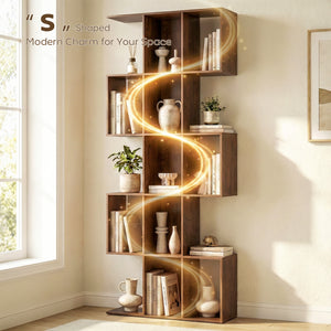 5-Tier Bookcase, S-Shaped Geometric Bookshelf with 15 Compartments, Black Wood Look.