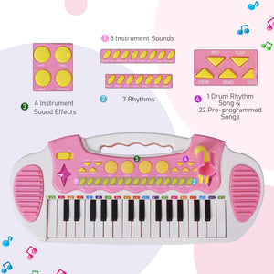 Piano keyboard with stool, working microphone and bright flashlight, pink