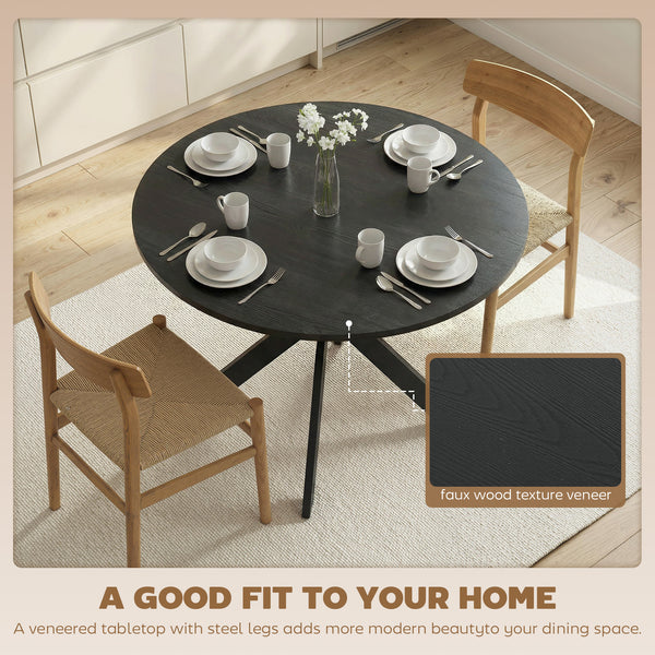 Contemporary round dining table with steel legs, black wood look