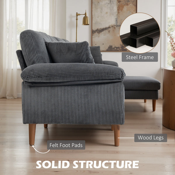 Corner sofa with modular chaise longue, cushions and wooden legs for living room, dark grey