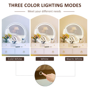 Dressing table with 3-color touch mirror and dimmable lighting, white