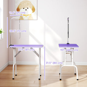 Foldable Pet Grooming Table for Dogs Cats with Adjustable Arm, Non-slip Surface, Purple
