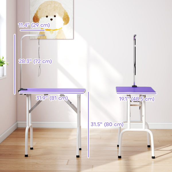 Foldable Pet Grooming Table for Dogs Cats with Adjustable Arm, Non-slip Surface, Purple