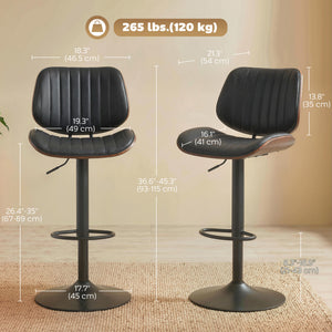 Set of 2 bar stools, swivel, with backrest, adjustable height, black