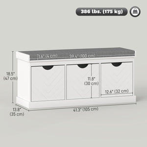 Entryway bench with 3 removable drawers and padded seat cushion, white