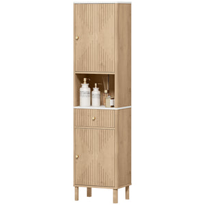 Oak-effect tall bathroom cabinet with 2 cupboards, drawer and open shelf, Oak effect