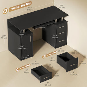 Computer desk with keyboard tray, drawers and storage shelves, black