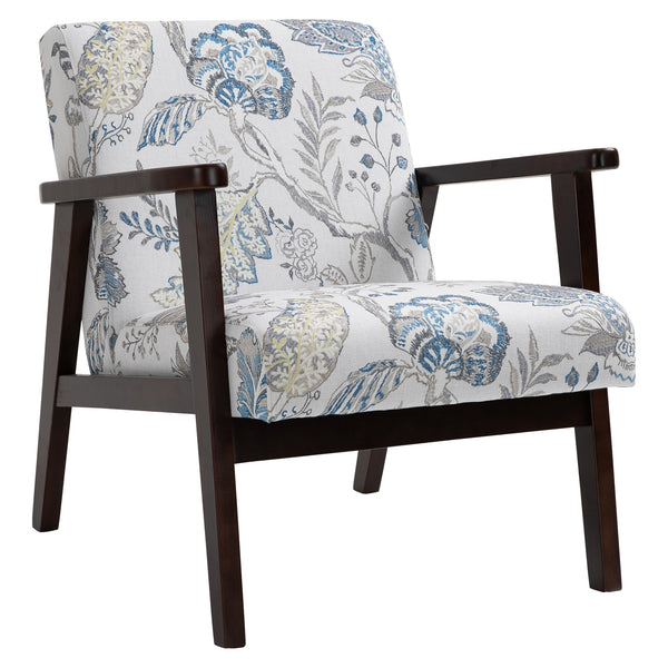 Retro fabric armchair with wooden armrests, floral pattern