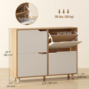 Narrow shoe cabinet for 16 pairs of shoes with 4 hinged drawers and adjustable shelves, natural color