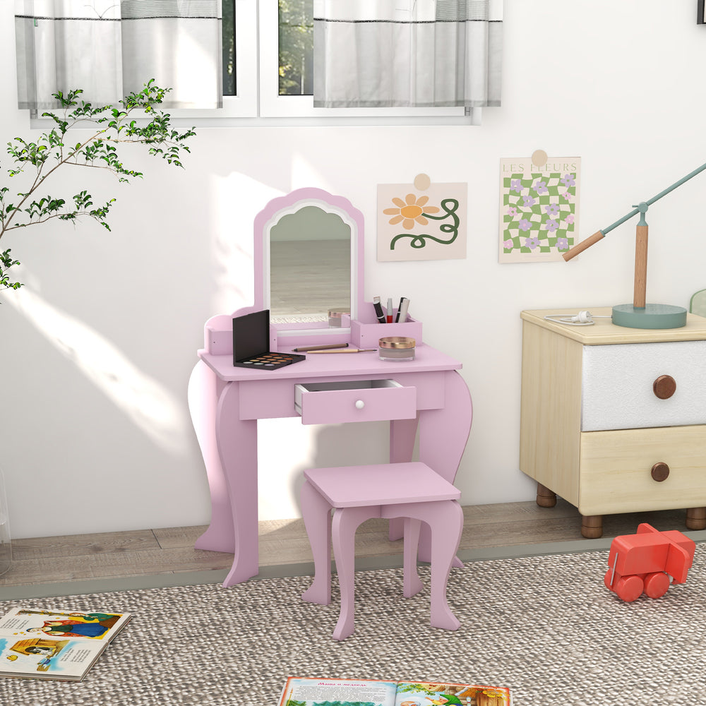 Dressing table with mirror and stool, drawer and storage - pink 