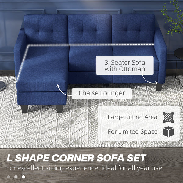3-seater L-shaped corner sofa with ottoman, thick cushion and wooden legs, dark blue