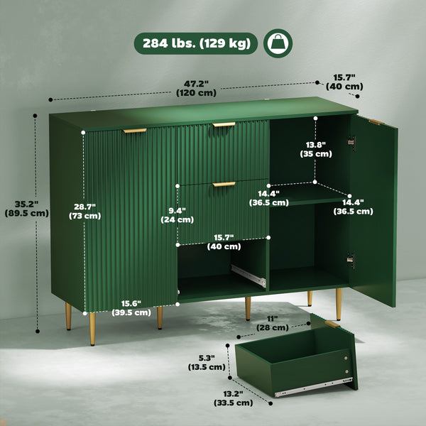 Modern kitchen storage cabinet with 3 drawers and adjustable shelves, green
