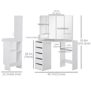Corner dressing table with 3-piece mirror and 5 drawers, white