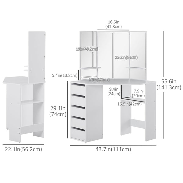 Corner dressing table with 3-piece mirror and 5 drawers, white