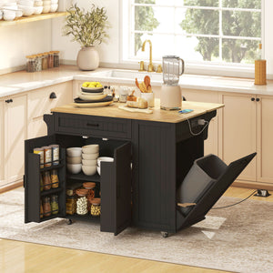 Portable kitchen island with charging station, fold-down rubberwood tabletop, waste storage, black
