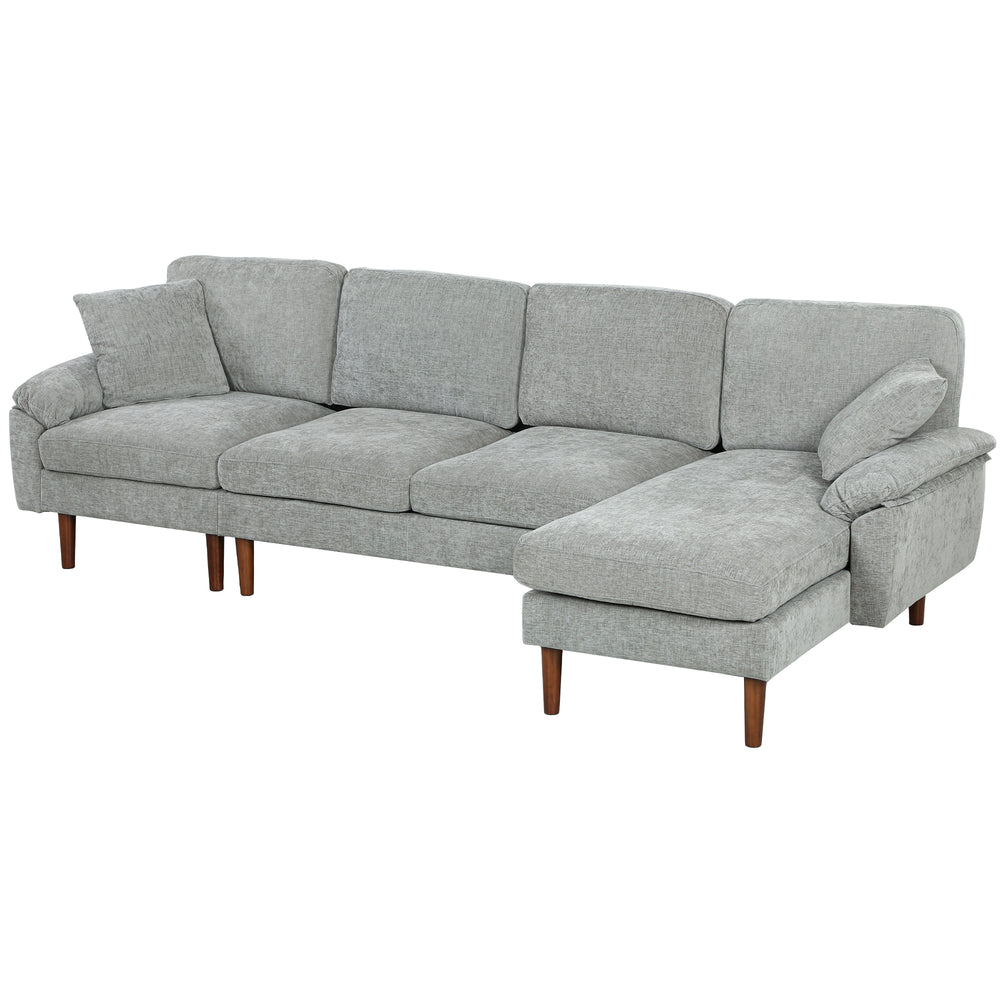 Modern sectional sofa with removable chaise, cushions and wooden legs, gray