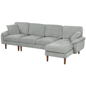 Modern sectional sofa with removable chaise, cushions and wooden legs, gray