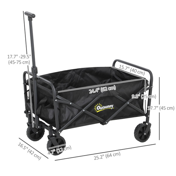Folding garden cart with universal wheels and adjustable handle, black.