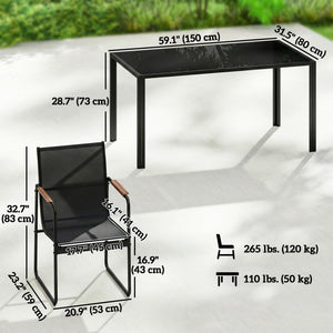 7-piece outdoor dining set for 6 people, glass table and chairs with decorative armrests, weather-resistant mesh fabric, black 