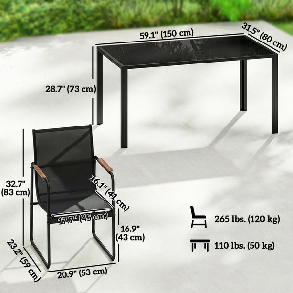 7-piece outdoor dining set for 6 people, glass table and chairs with decorative armrests, weather-resistant mesh fabric, black 