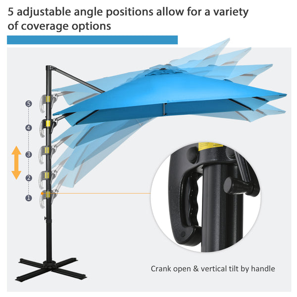 8-foot square cantilever parasol with 360° rotation, made of aluminum, turquoise
