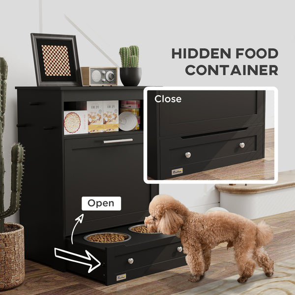 Black food storage cabinet with elevated bowls