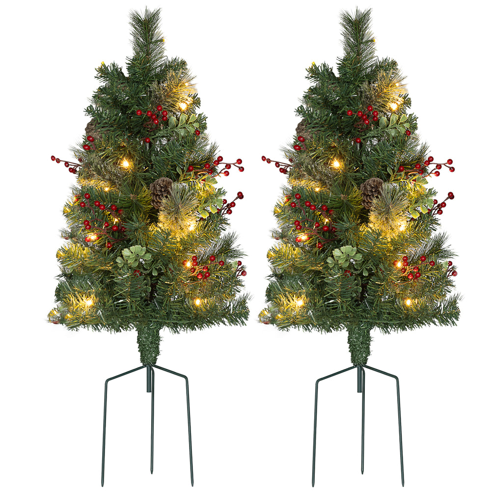 Set of 2 Pre-Lit Artificial Christmas Trees with Red Berries and Pine Cones