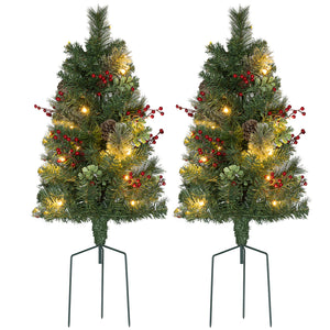 Set of 2 Pre-Lit Artificial Christmas Trees with Red Berries and Pine Cones