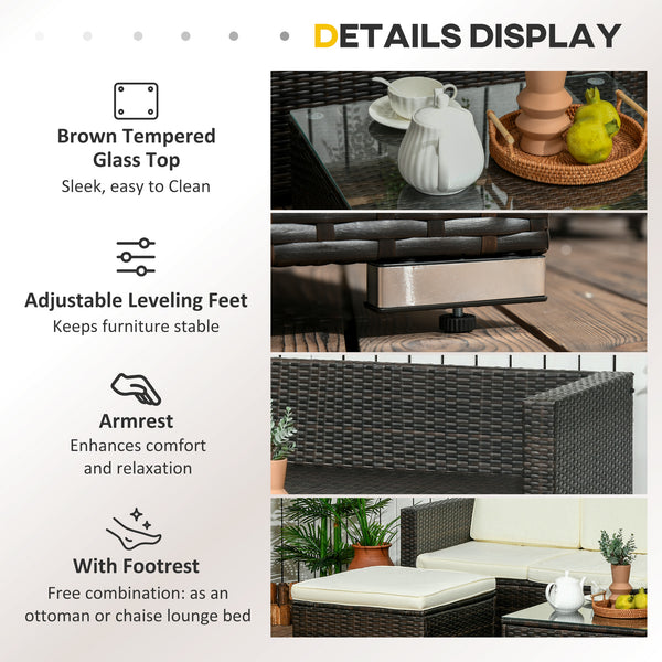 3-piece garden furniture set with cushions, glass coffee table and adjustable legs, cream white