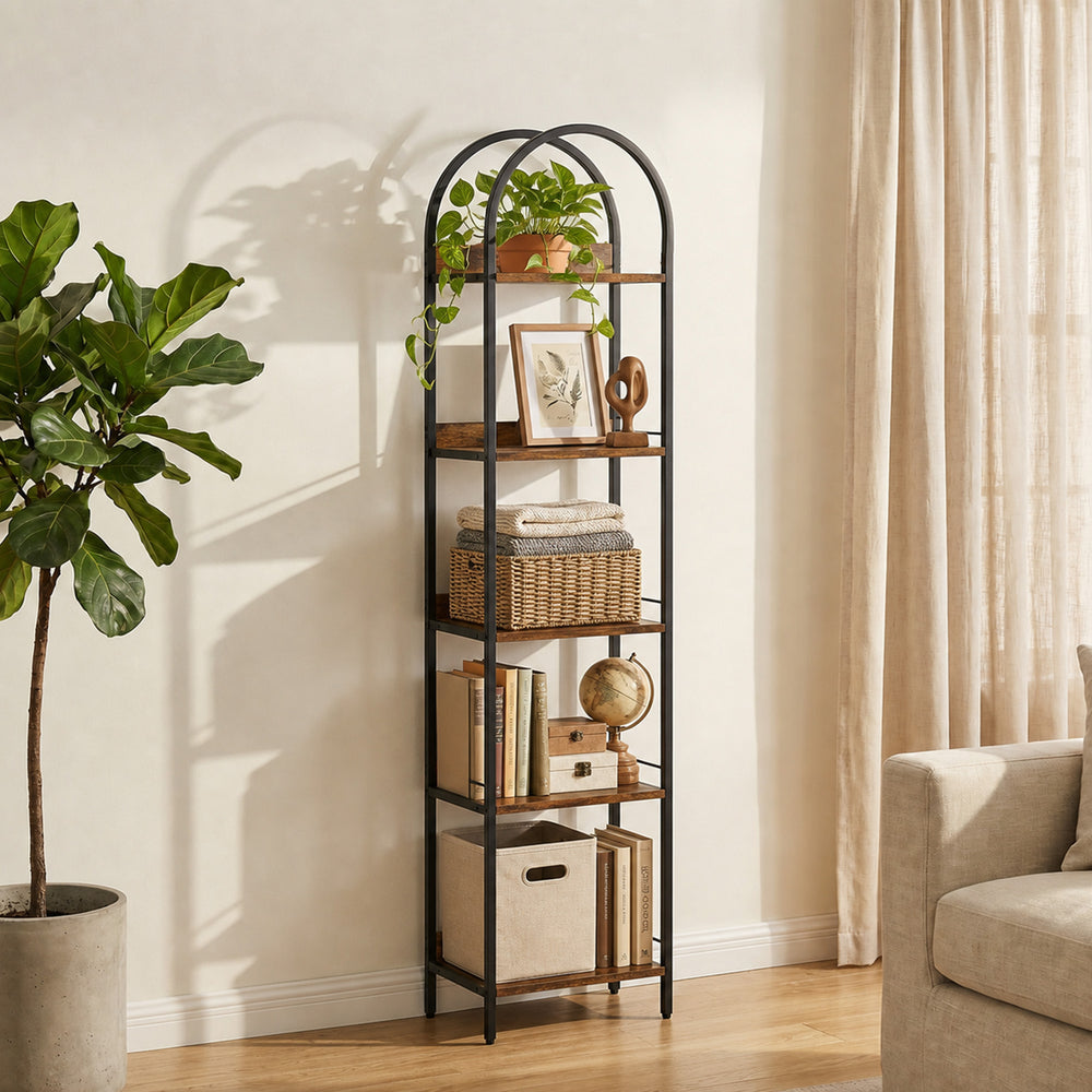 Narrow 5-tier arched bookshelf with metal frame – Rustic brown and black