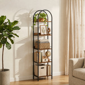 Narrow 5-tier arched bookshelf with metal frame – Rustic brown and black