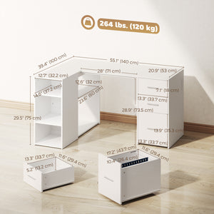 55" L-Shaped Desk with Outlets and Drawers, White
