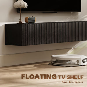Floating wall-mounted TV unit for TVs up to 72 inches with 2 fluted drop-down doors, black