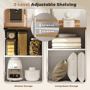 Country style sideboard with thick top, 2 barn doors, 4 drawers and 2 adjustable shelves, white