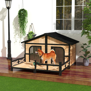 Wooden kennel in cabin style with terrace, beige