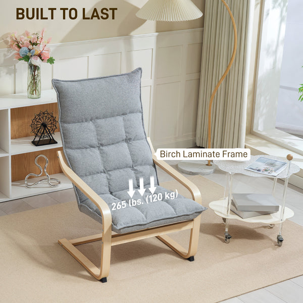 Modern upholstered armchair with curved legs and armrests, light grey