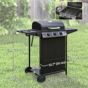 3-burner propane gas barbecue with side burner, thermometer, black