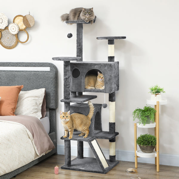 63" Cat Tree, Multi-Level Cat Tower with Scratching Posts, Cat Condos, Bed, Platforms, Ramp, Toy Ball, Dark Gray