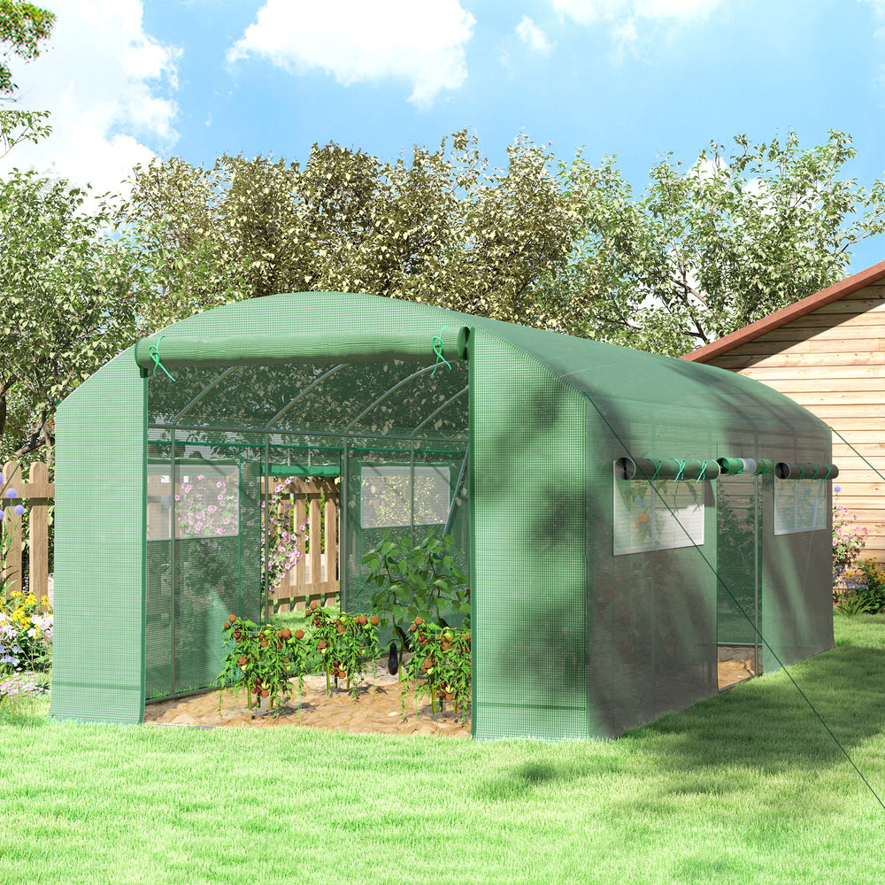 Tunnel greenhouse with 3 roll-up doors and large screened windows