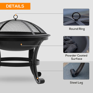 Outdoor Fire Pit with Mesh Cover, Poker, for Camping, Bonfire, Picnic, Black